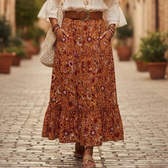 Boho Fall Floral Maxi Skirt with Pockets Boutique - Picture 1 of 7